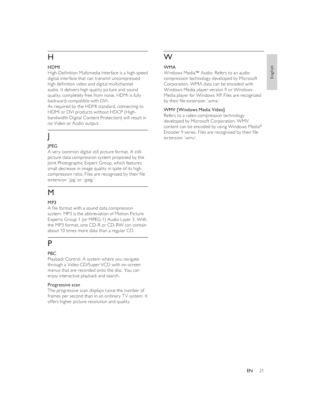 Philips DVP3588/94 user manual Hdmi, Jpeg, MP3, Progressive scan, Wma 