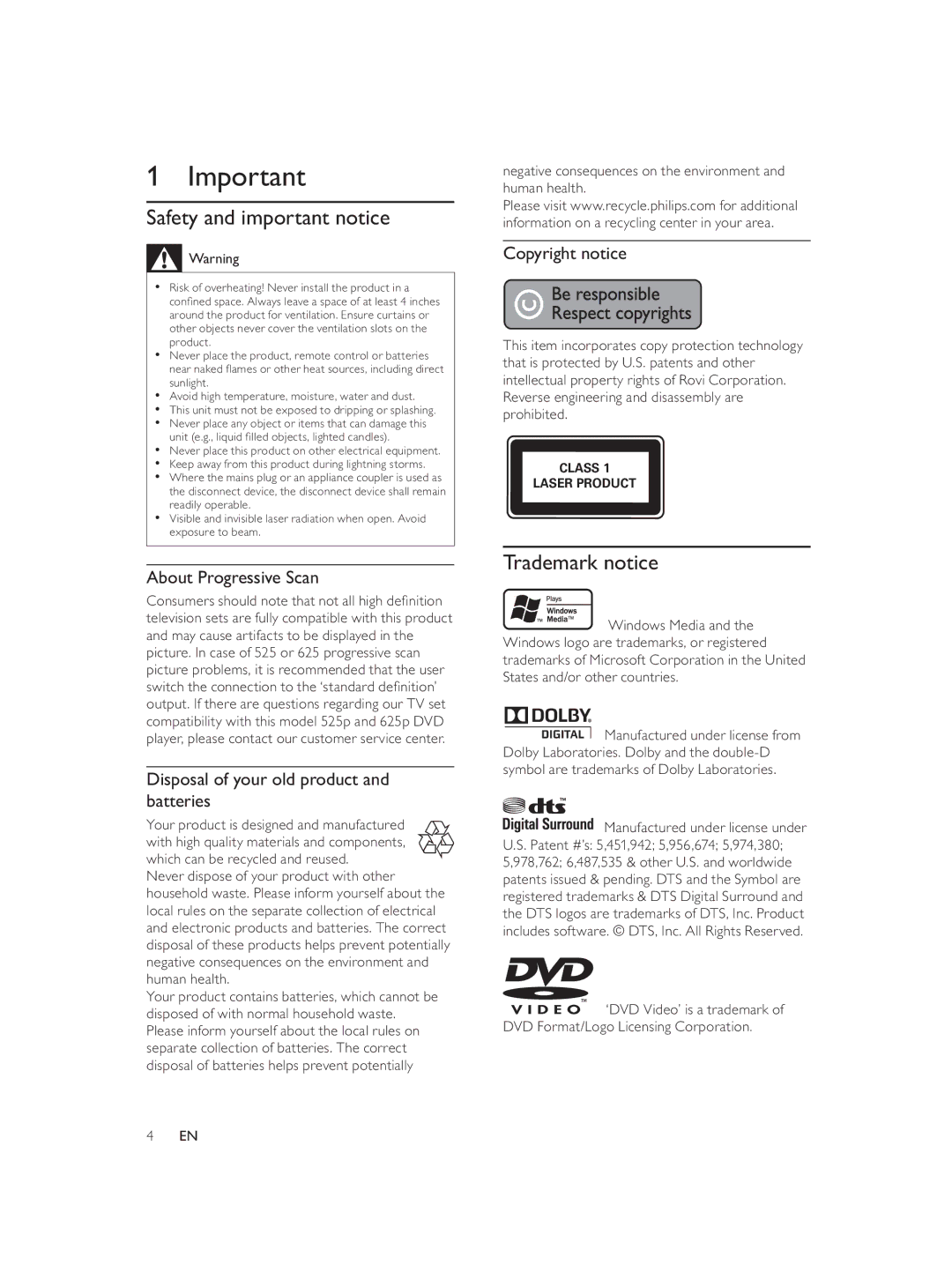 Philips DVP3588/94 user manual Safety and important notice, Trademark notice, About Progressive Scan, Copyright notice 