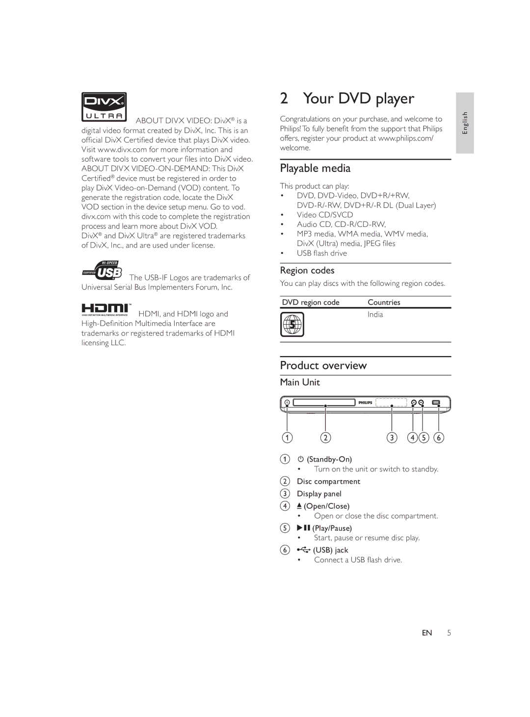 Philips DVP3588/94 user manual Your DVD player, Playable media, Product overview, Region codes, Main Unit 