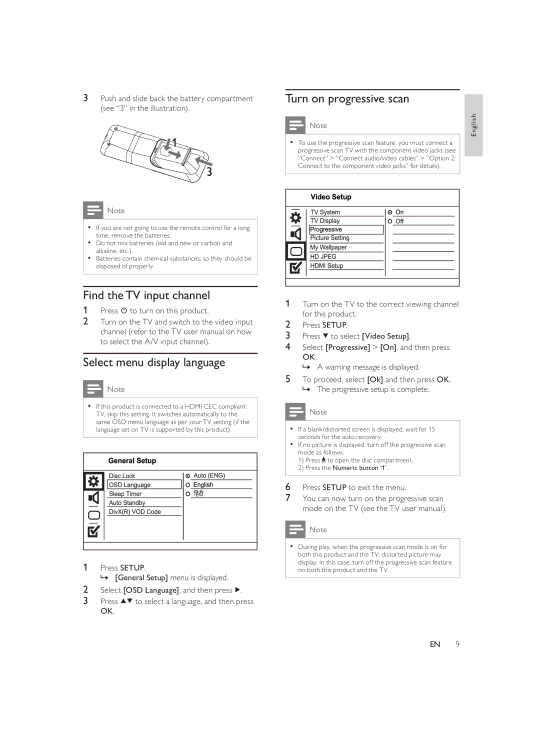 Philips DVP3588/94 user manual Turn on progressive scan, Find the TV input channel, Select menu display language 