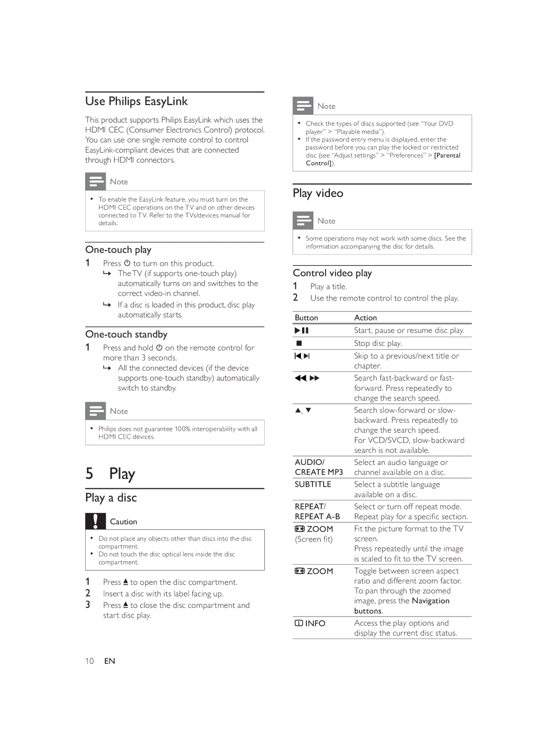 Philips DVP3588/94 user manual Use Philips EasyLink, Play a disc, Play video 