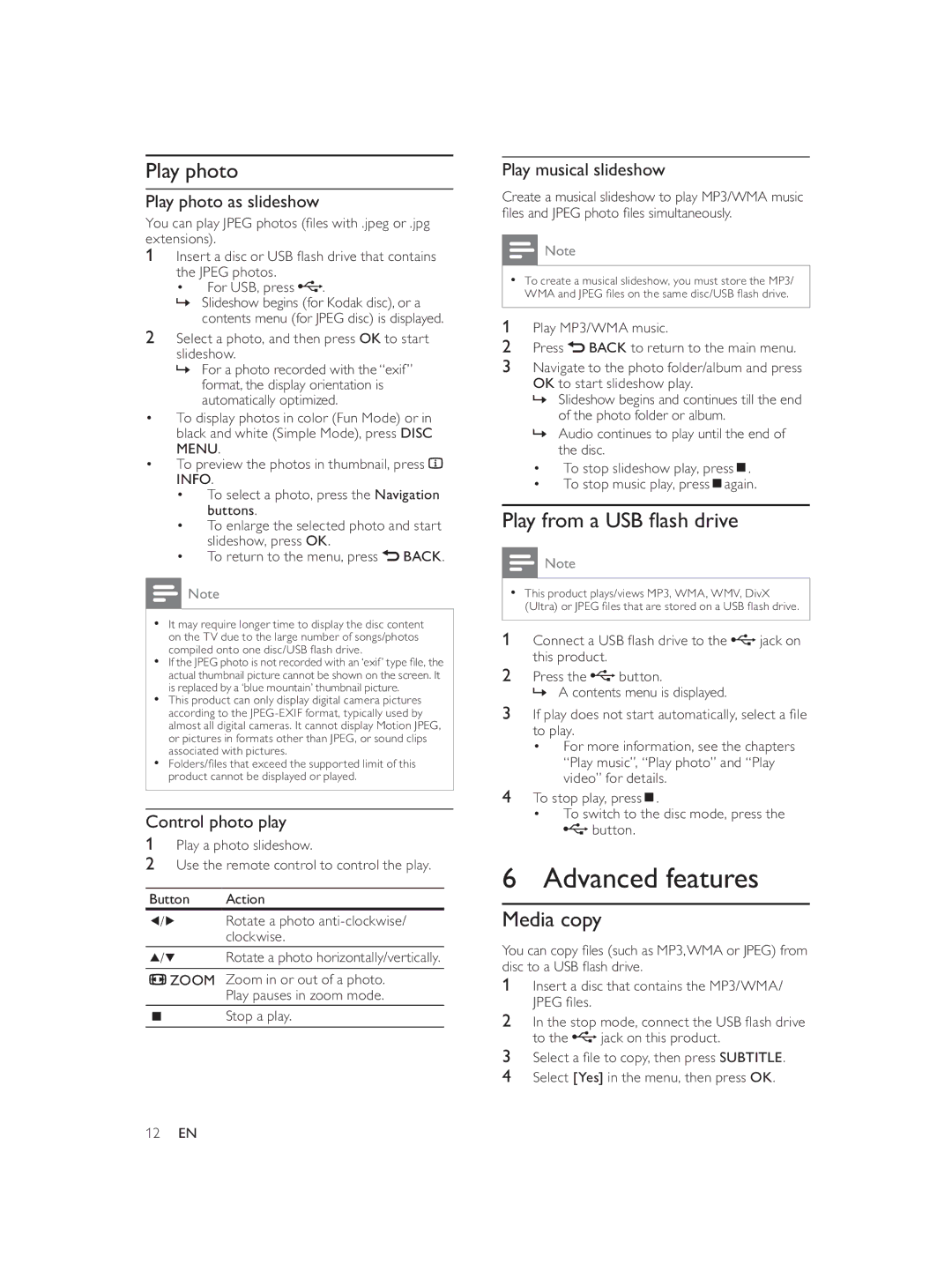 Philips DVP3588K user manual Advanced features, Play photo, Play from a USB ﬂ ash drive, Media copy 