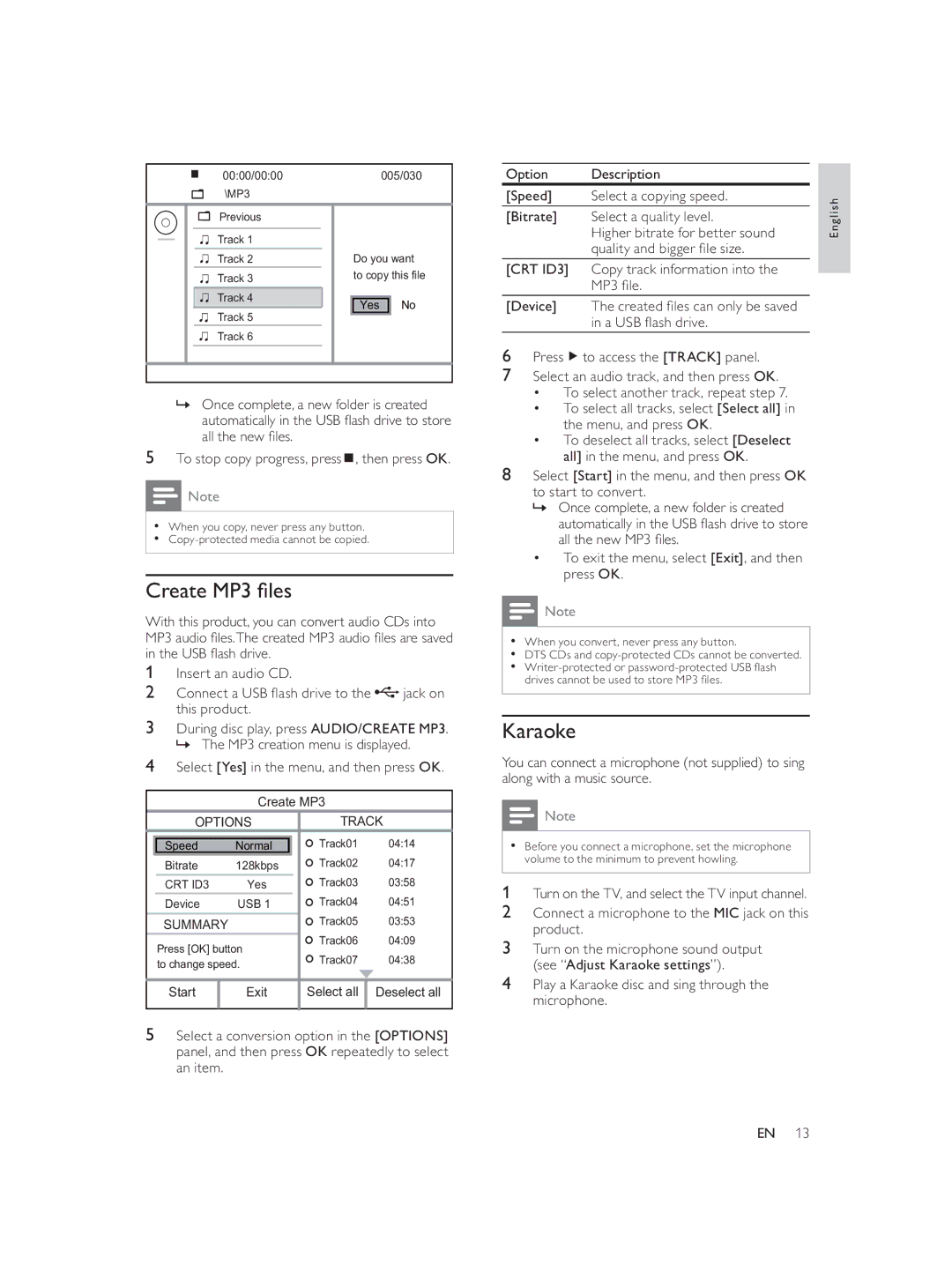 Philips DVP3588K user manual Create MP3 ﬁ les, Karaoke 