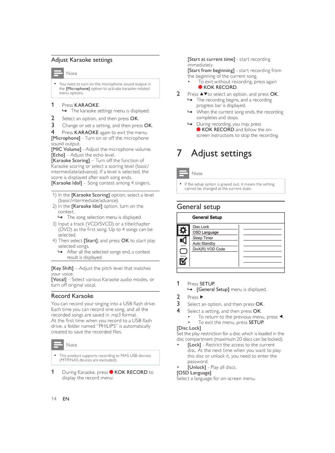 Philips DVP3588K user manual Adjust settings, General setup, Adjust Karaoke settings, Record Karaoke, KOK Record 