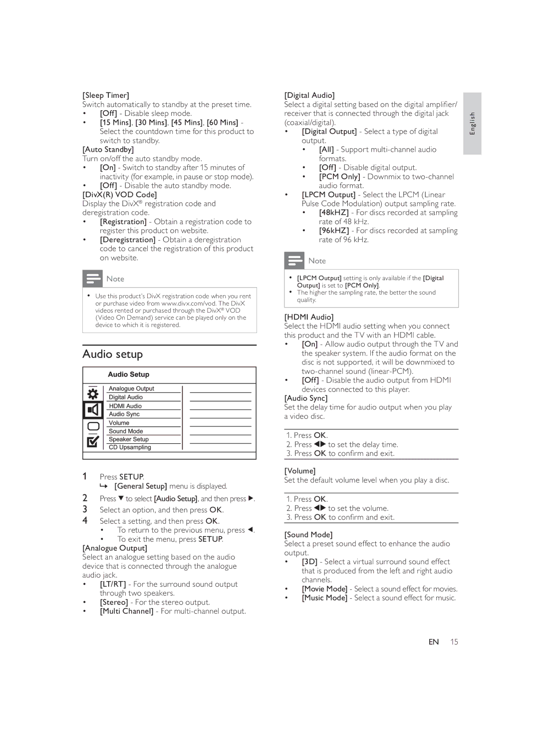 Philips DVP3588K user manual Audio setup, Press Setup » General Setup menu is displayed, Hdmi Audio 