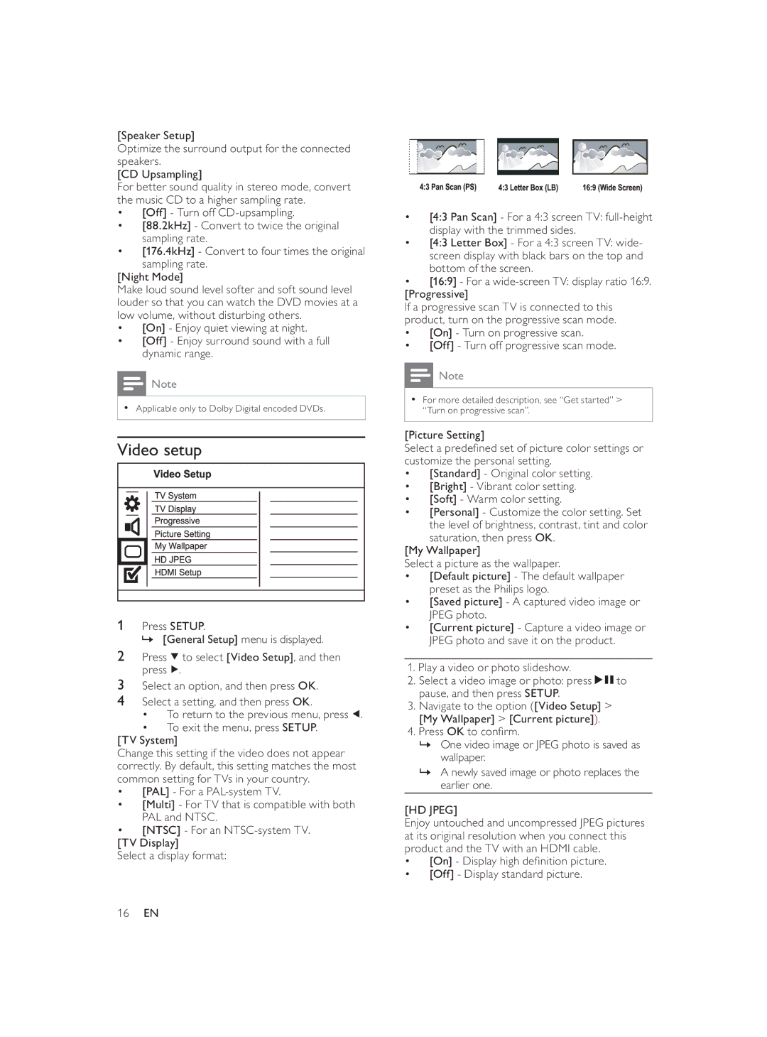 Philips DVP3588K user manual Video setup, HD Jpeg 