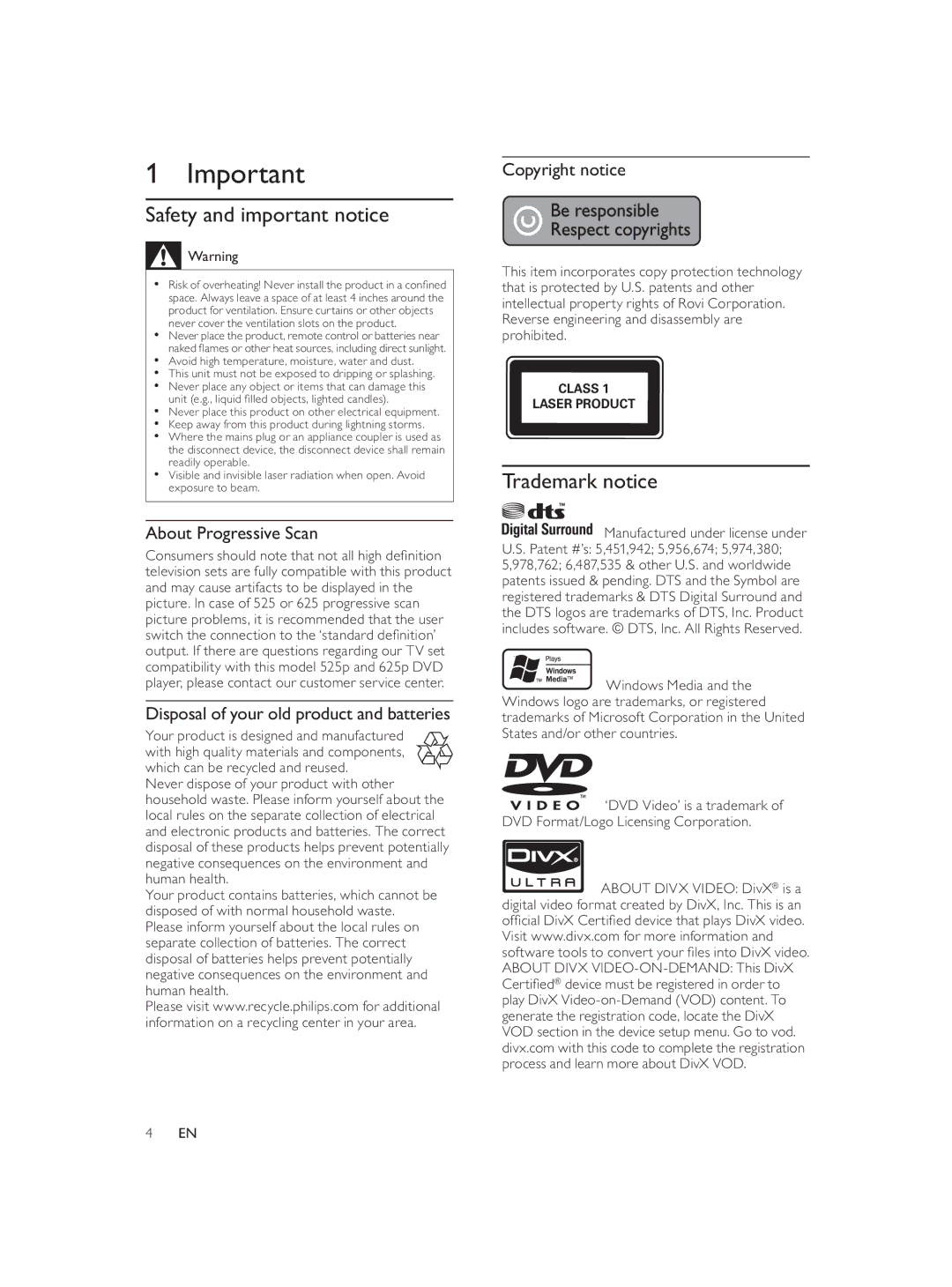 Philips DVP3588K user manual Safety and important notice, Trademark notice, About Progressive Scan, Copyright notice 