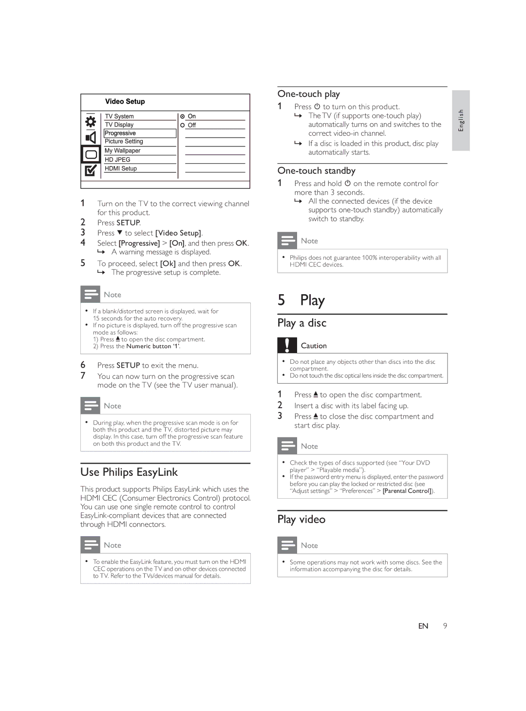 Philips DVP3588K user manual Use Philips EasyLink, Play a disc, Play video 