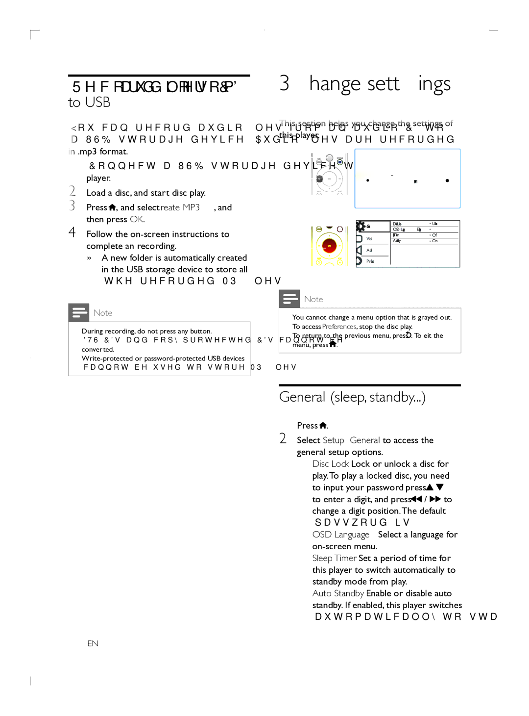 Philips DVP3608 user manual Change settings, Record audio files from CD to USB, General sleep, standby 