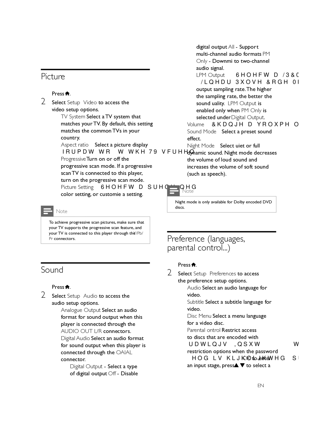 Philips DVP3608 user manual Picture, Sound, Press Select Setup Audio to access the audio setup options 