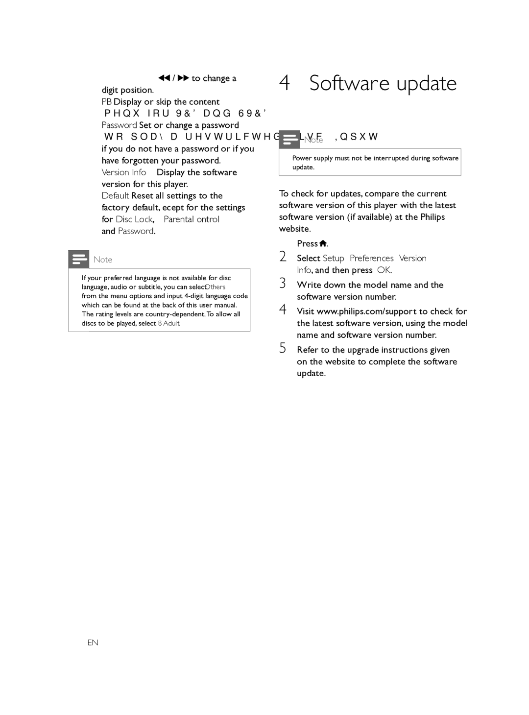 Philips DVP3608 user manual Software update, Digit and press / to change a digit position 