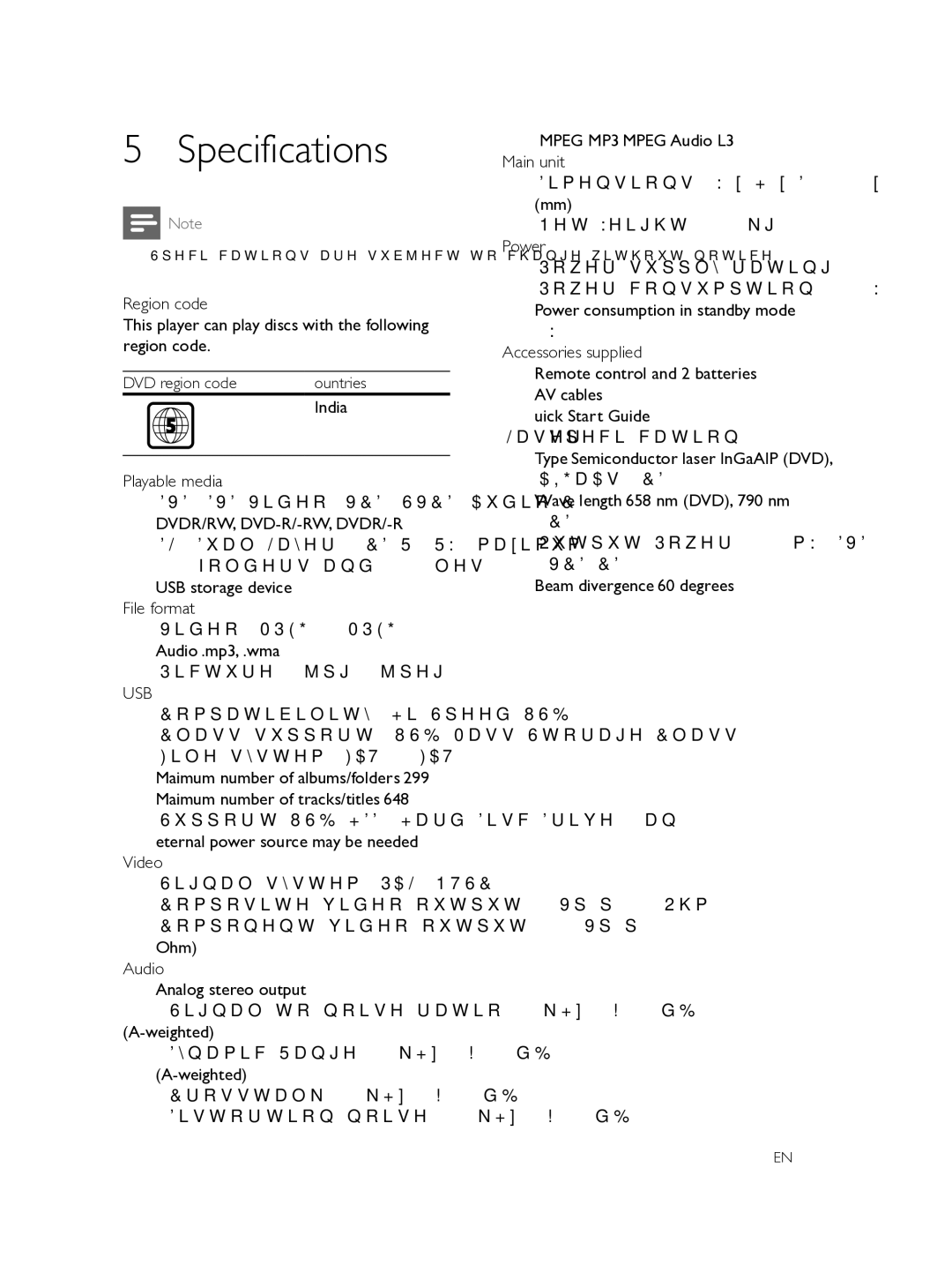 Philips DVP3608 user manual Specifications, India, Playable media DVD, DVD-Video,VCD, SVCD, Audio CD 