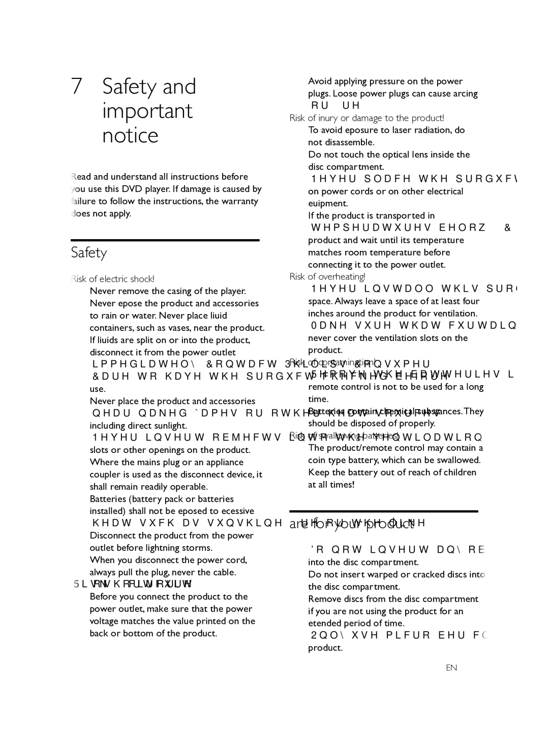 Philips DVP3608 user manual Safety, Care for your product, Risk of short circuit or fire 