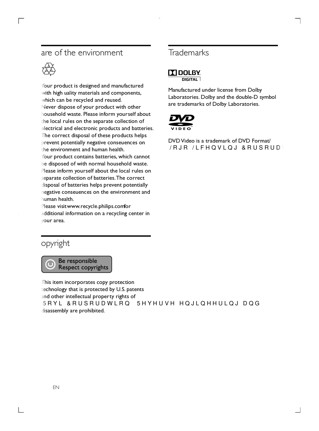 Philips DVP3608 user manual Care of the environment Trademarks, Copyright 