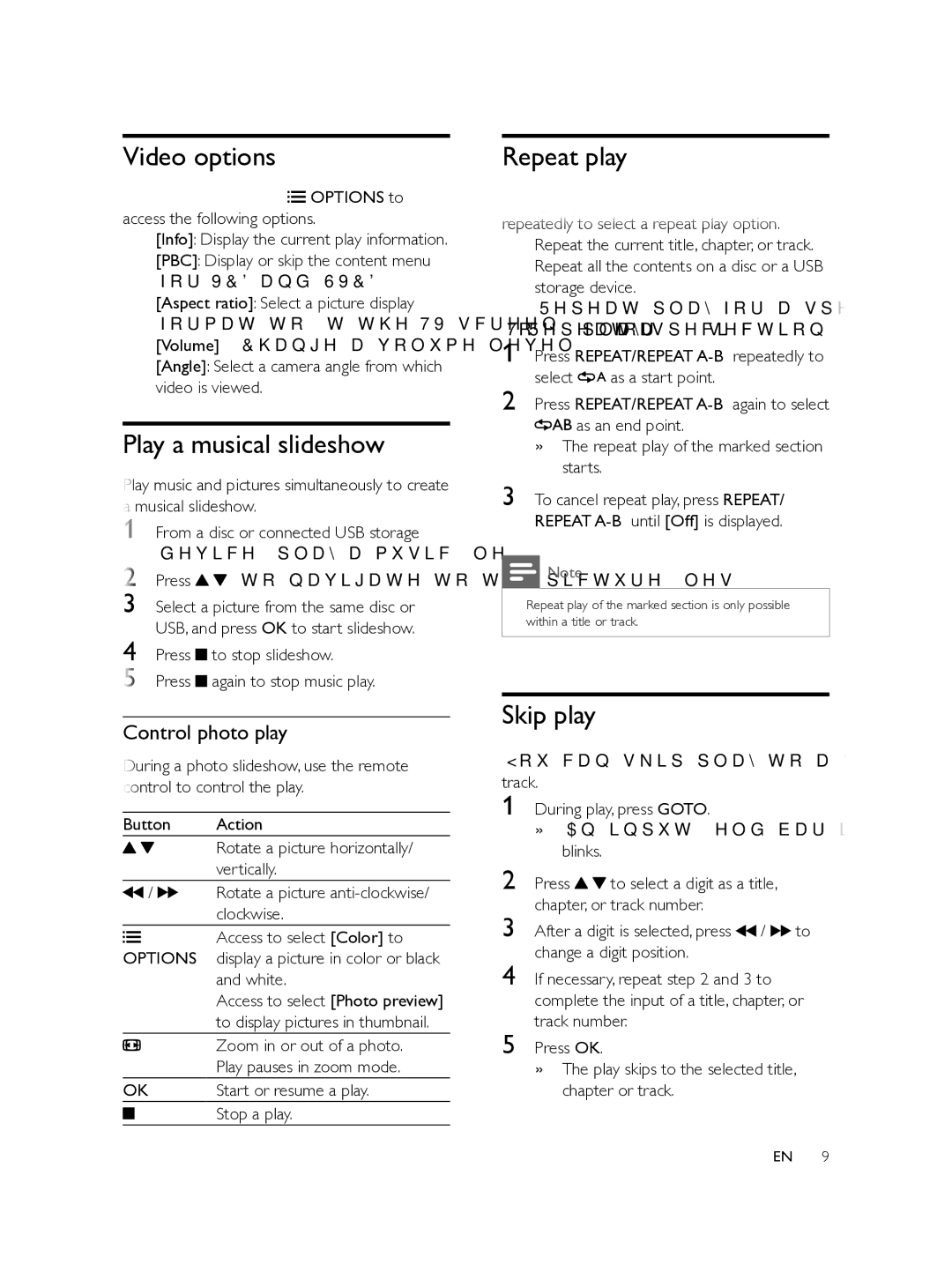 Philips DVP3608 user manual Video options, Play a musical slideshow, Repeat play, Skip play 