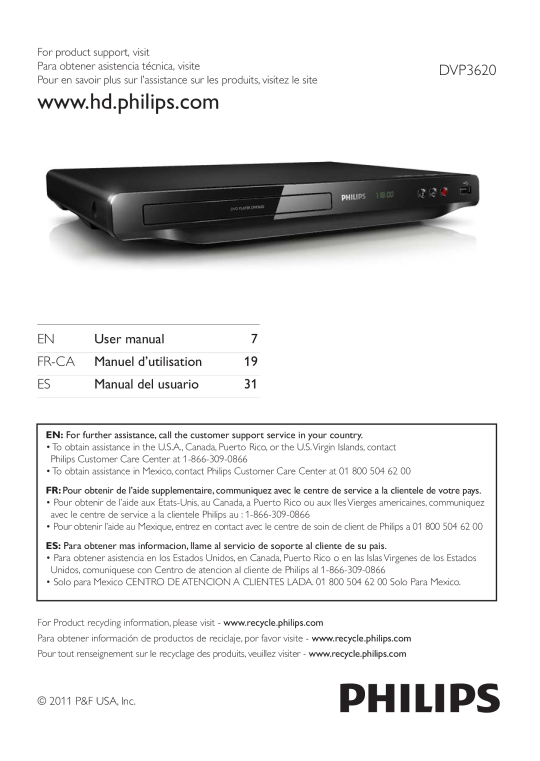 Philips DVP3620 user manual Fr-Ca 