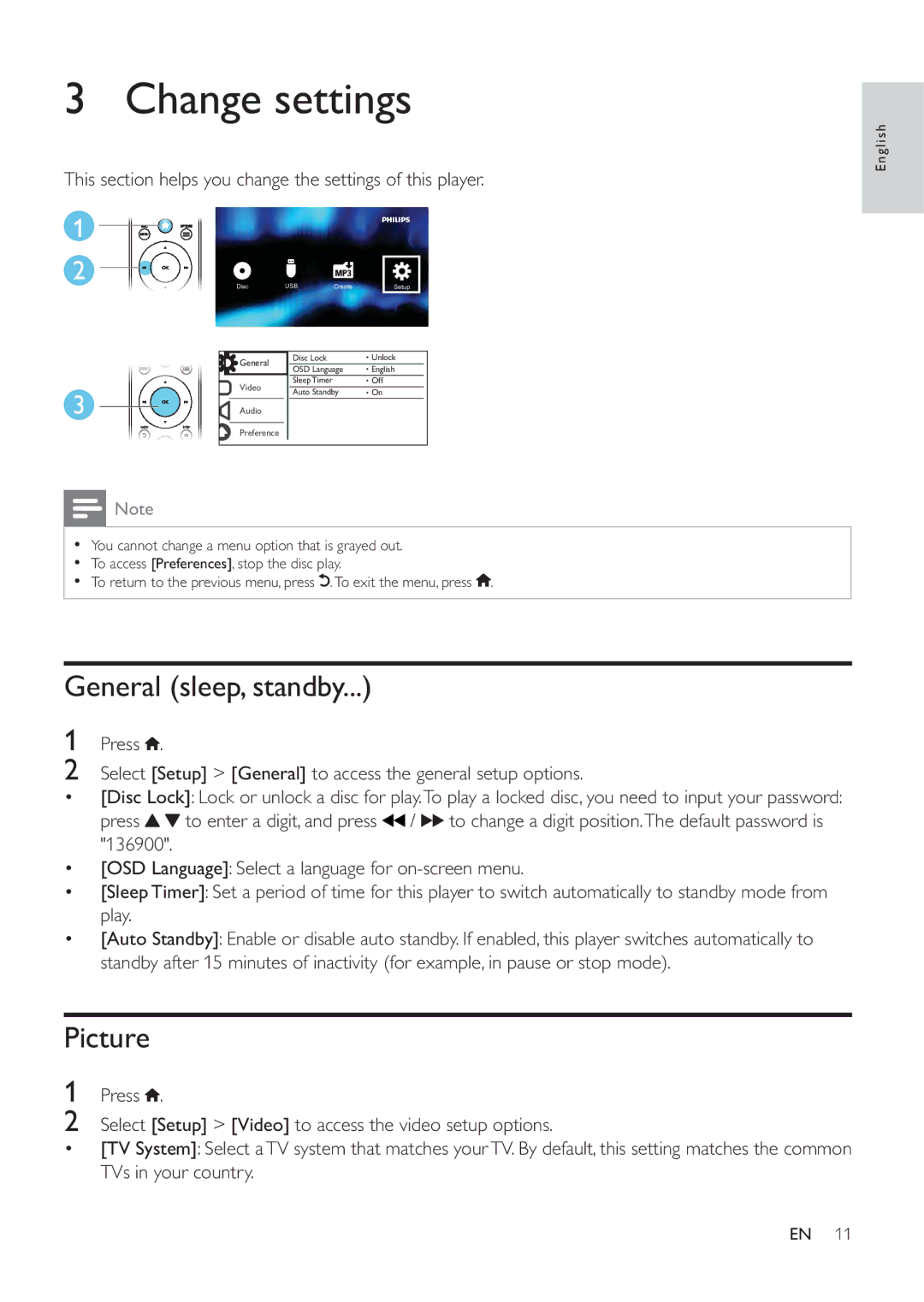 Philips DVP3620 user manual Change settings, General sleep, standby, Picture 