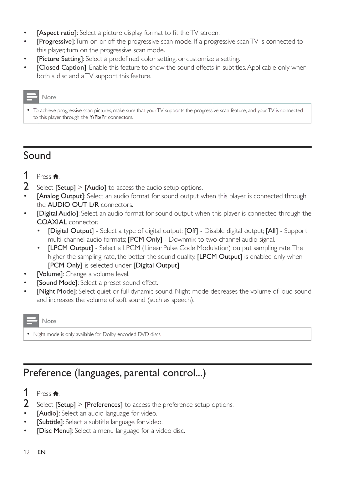 Philips DVP3620 user manual Sound, Preference languages, parental control 