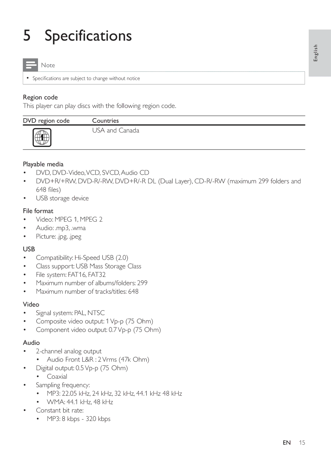 Philips DVP3620 user manual Specifications, Usb 