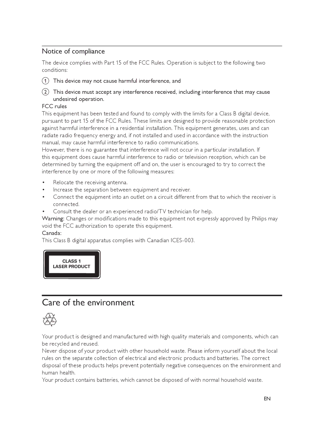 Philips DVP3620 user manual Care of the environment 