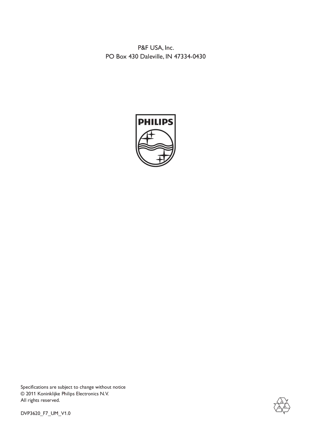 Philips DVP3620 user manual USA, Inc PO Box 430 Daleville 