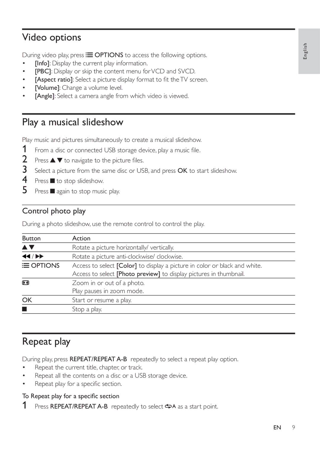 Philips DVP3620 user manual Video options, Play a musical slideshow, Repeat play 