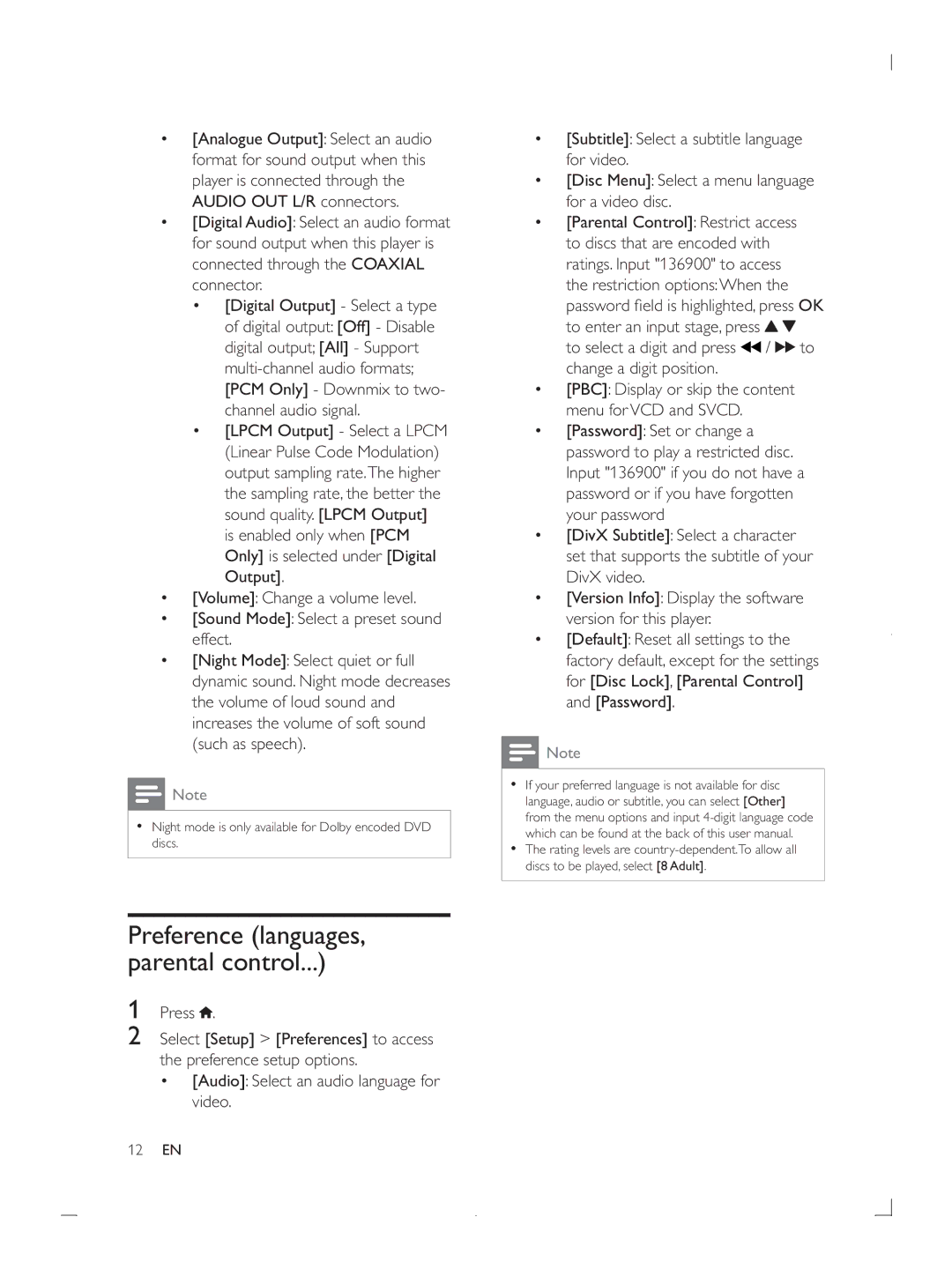 Philips DVP3670 user manual Lpcm Output, Restriction optionsWhen, Change a digit position PBC Display or skip the content 