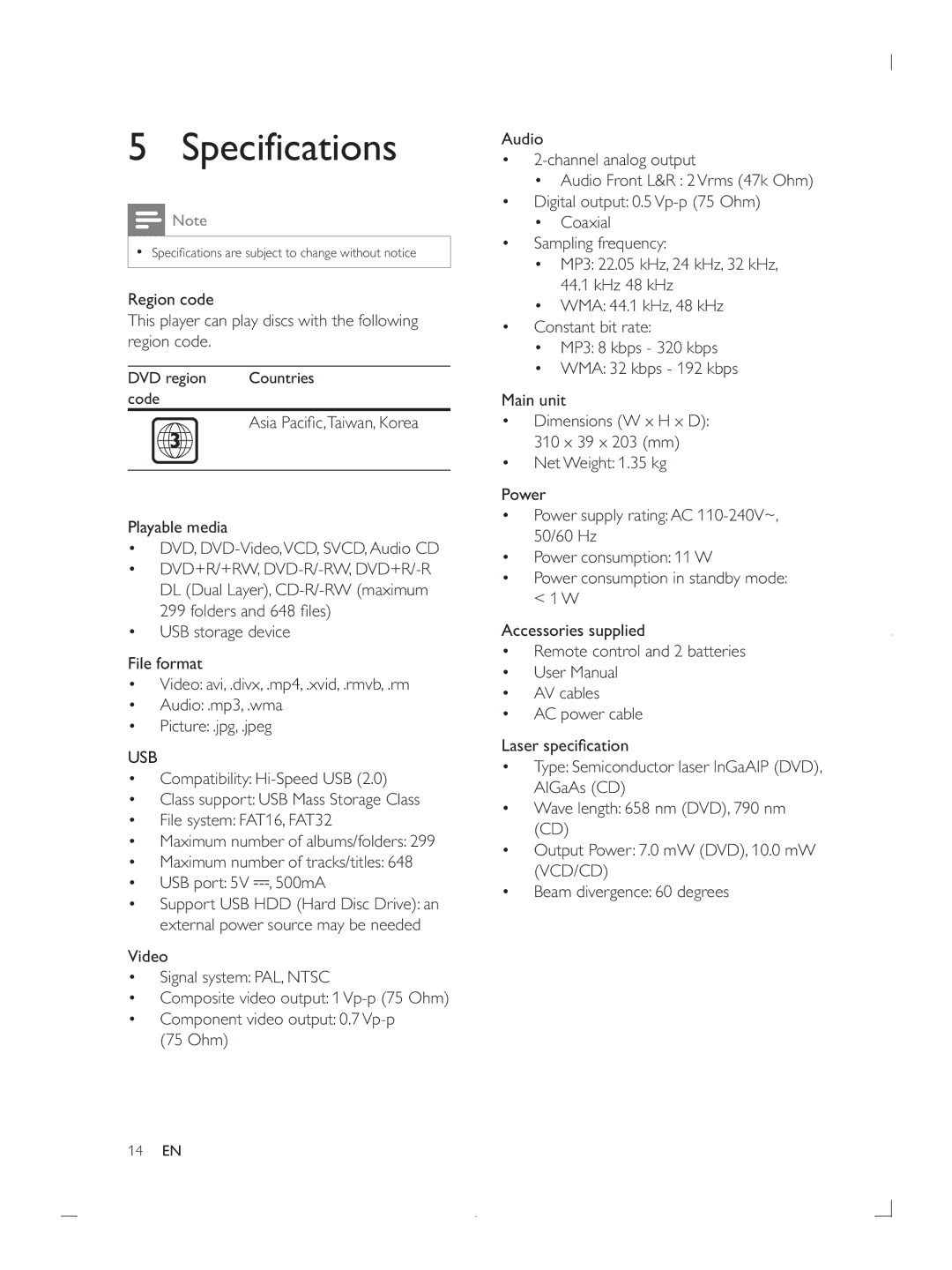 Philips DVP3670 user manual Specifications, Playable media, Video 75 Ohm Audio Channel analog output 