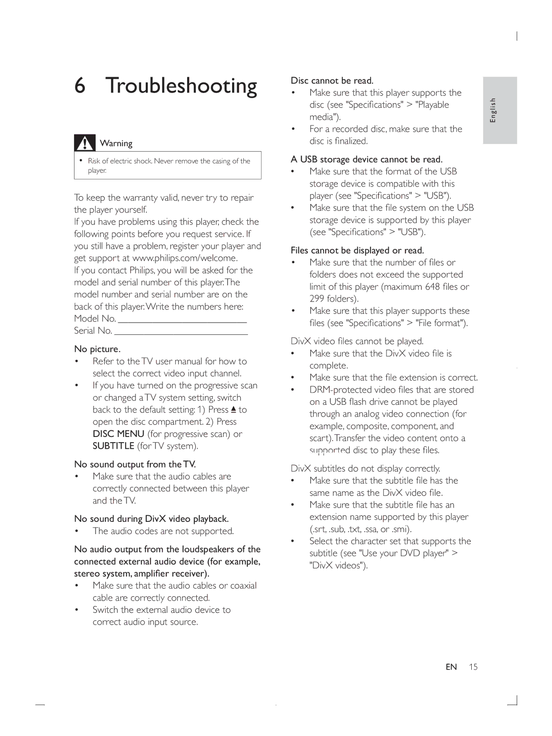 Philips DVP3670 user manual Troubleshooting, Serial No No picture, Correctly connected between this player and the TV 