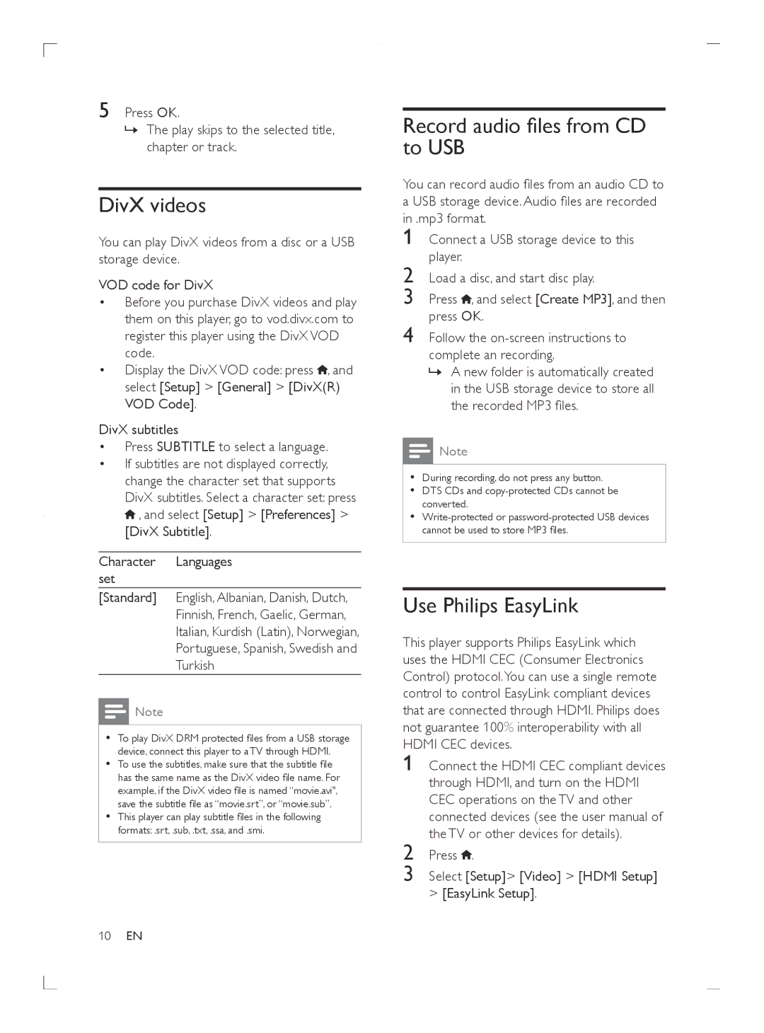 Philips DVP3680, DVP3681 user manual DivX videos, Record audio files from CD to USB, Use Philips EasyLink 