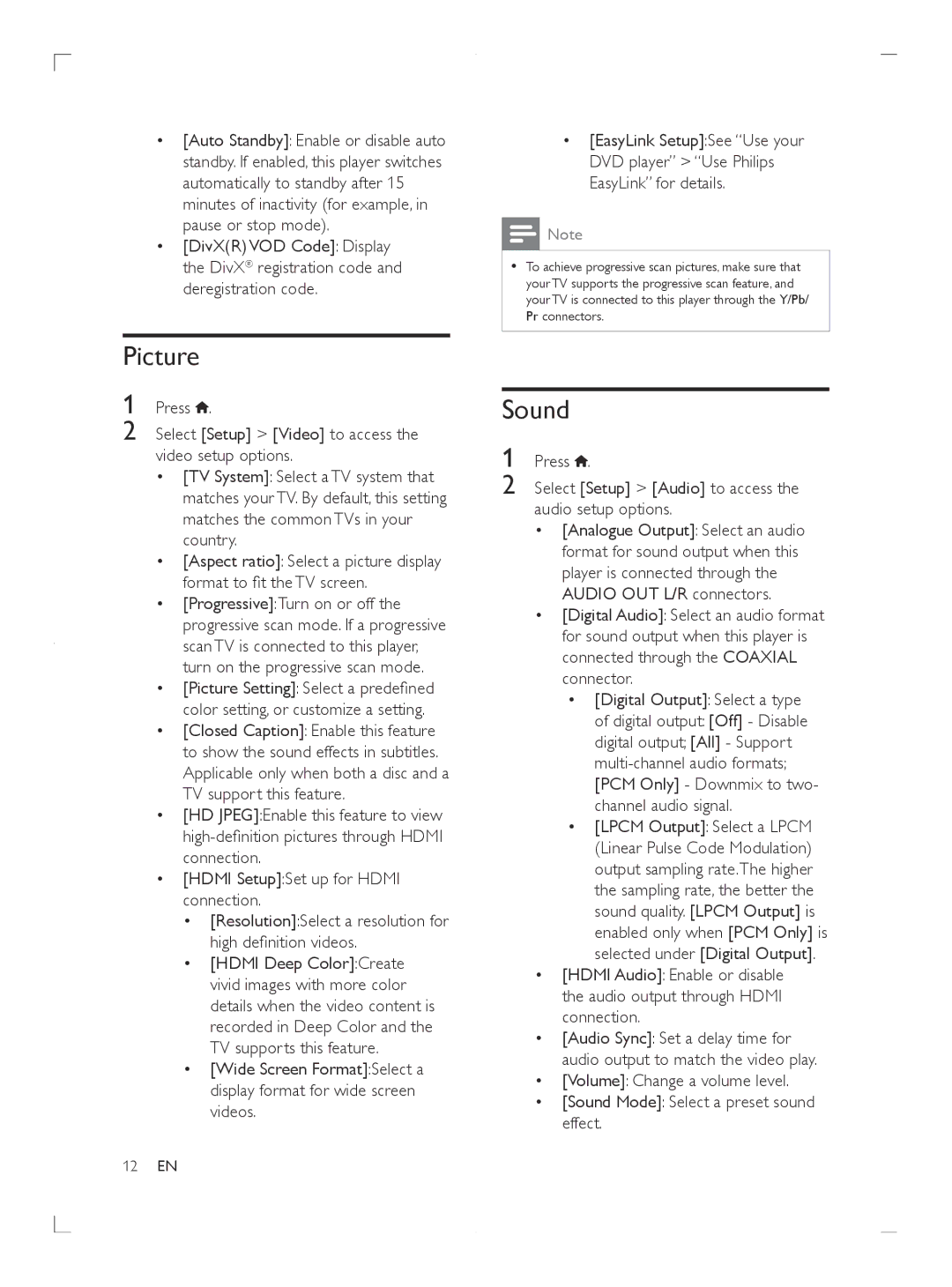 Philips DVP3680 Picture, Sound, TV supports this feature, Press Select Setup Audio to access the audio setup options 