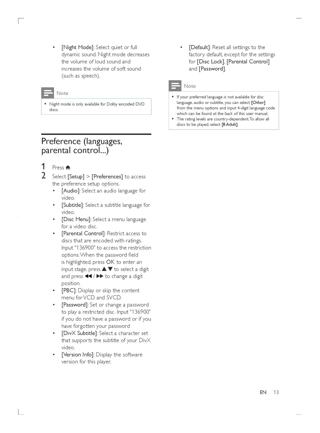 Philips DVP3681, DVP3680 user manual Preference languages, parental control 