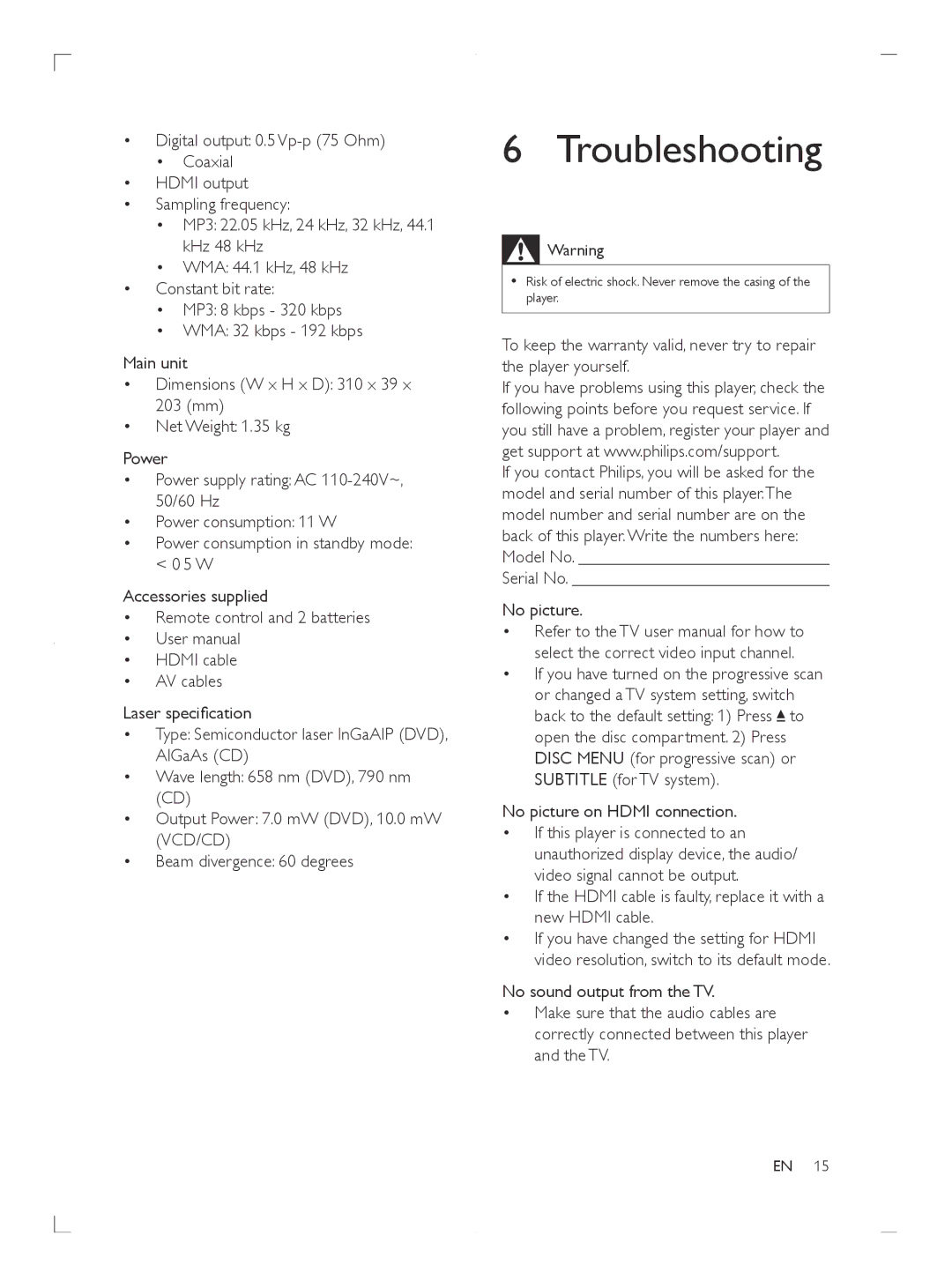 Philips DVP3681, DVP3680 Troubleshooting, Beam divergence 60 degrees, Serial No No picture, No picture on Hdmi connection 