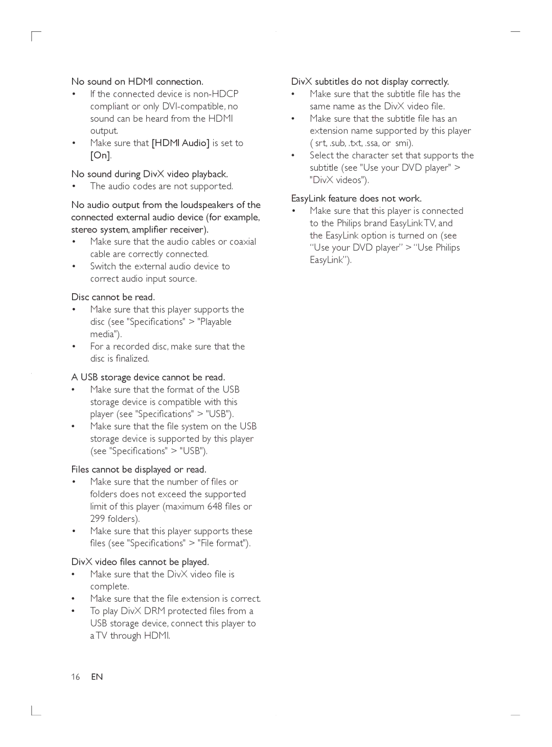 Philips DVP3680, DVP3681 user manual Disc cannot be read, See Specifications USB Files cannot be displayed or read, Folders 