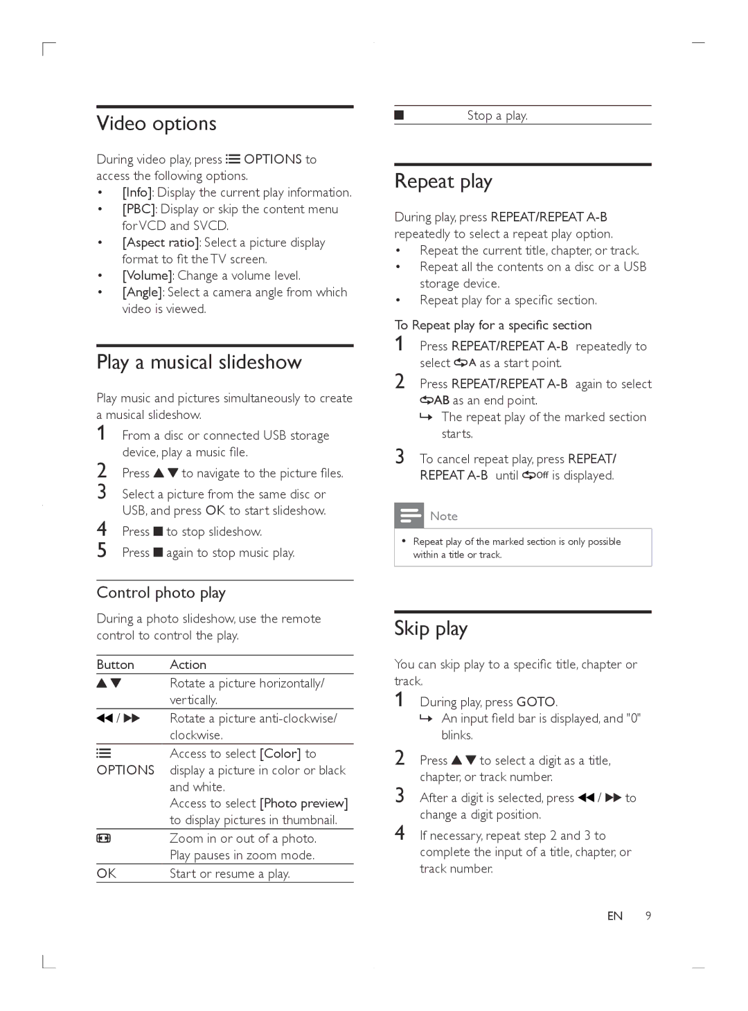 Philips DVP3681, DVP3680 user manual Video options, Play a musical slideshow, Repeat play, Skip play 