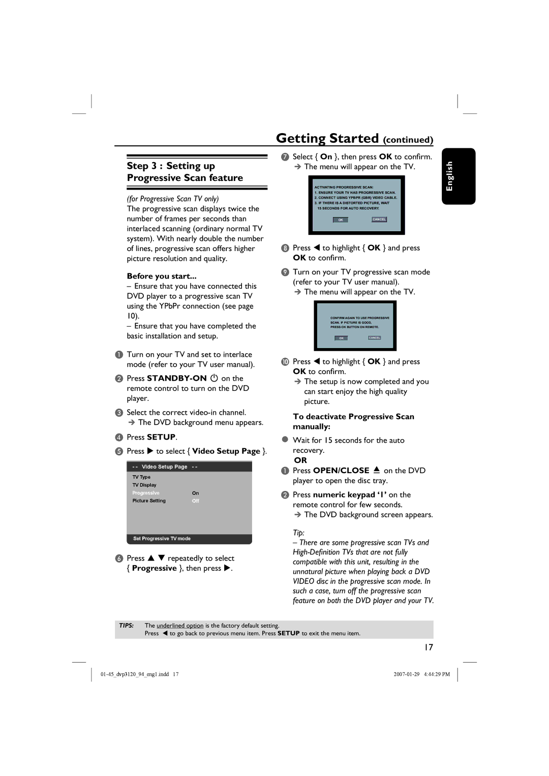 Philips DVP3721X/94 user manual Setting up, Progressive Scan feature 