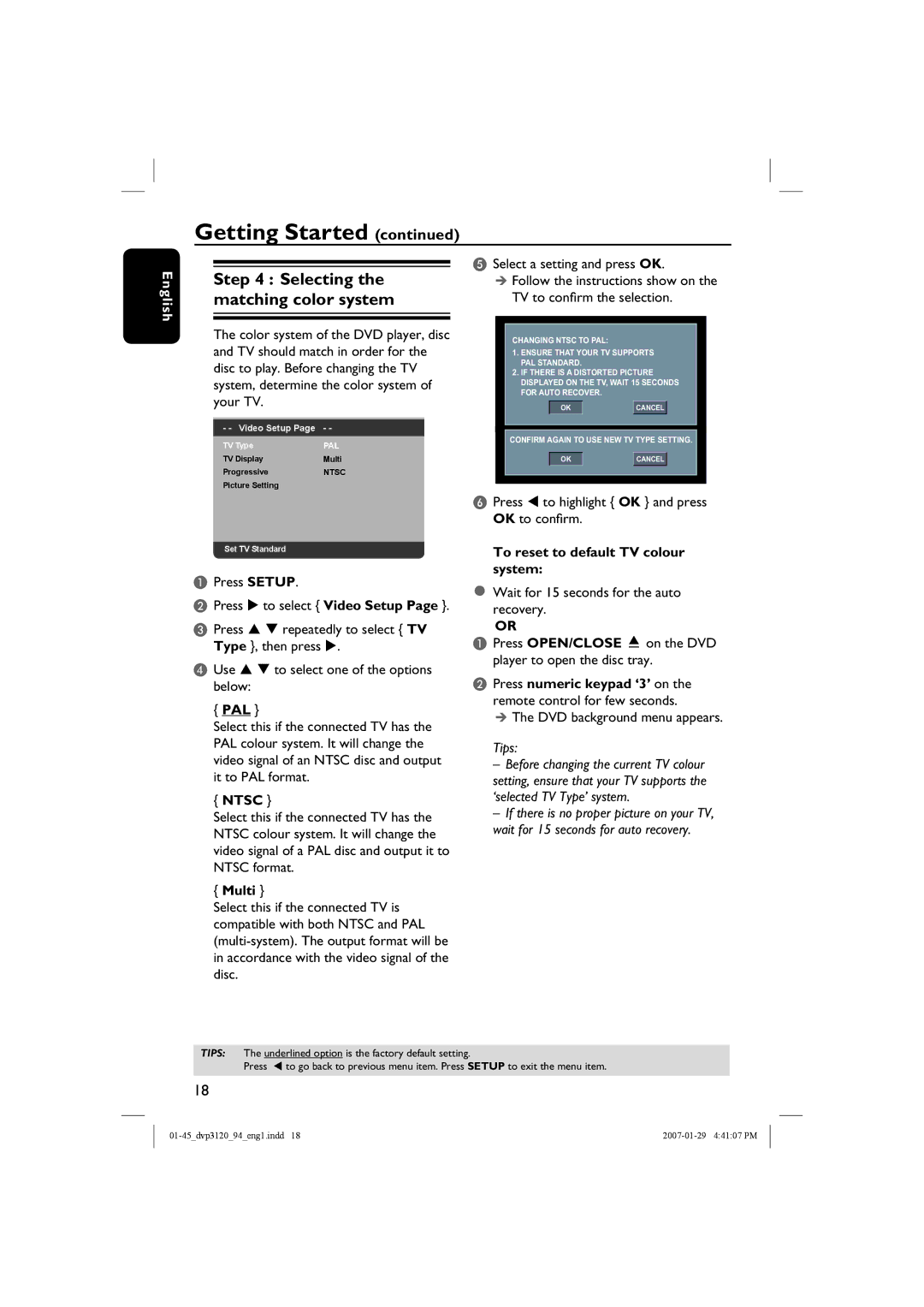 Philips DVP3721X/94 Selecting the matching color system, Pal, Ntsc, Multi, To reset to default TV colour system 