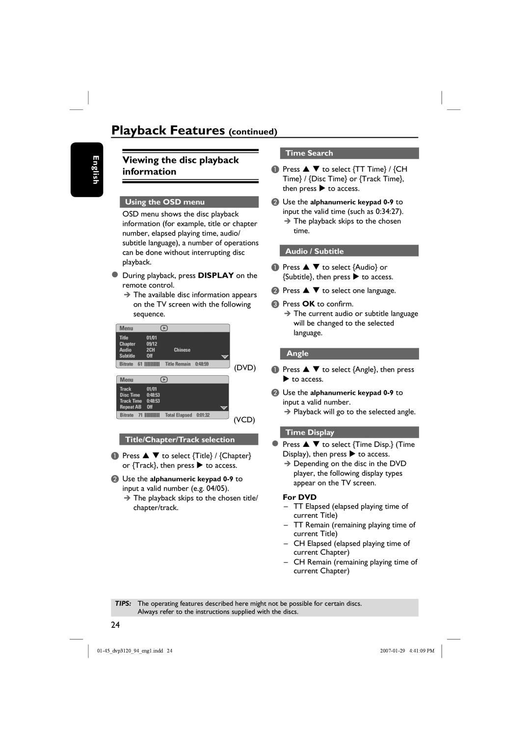 Philips DVP3721X/94 user manual Viewing the disc playback information 