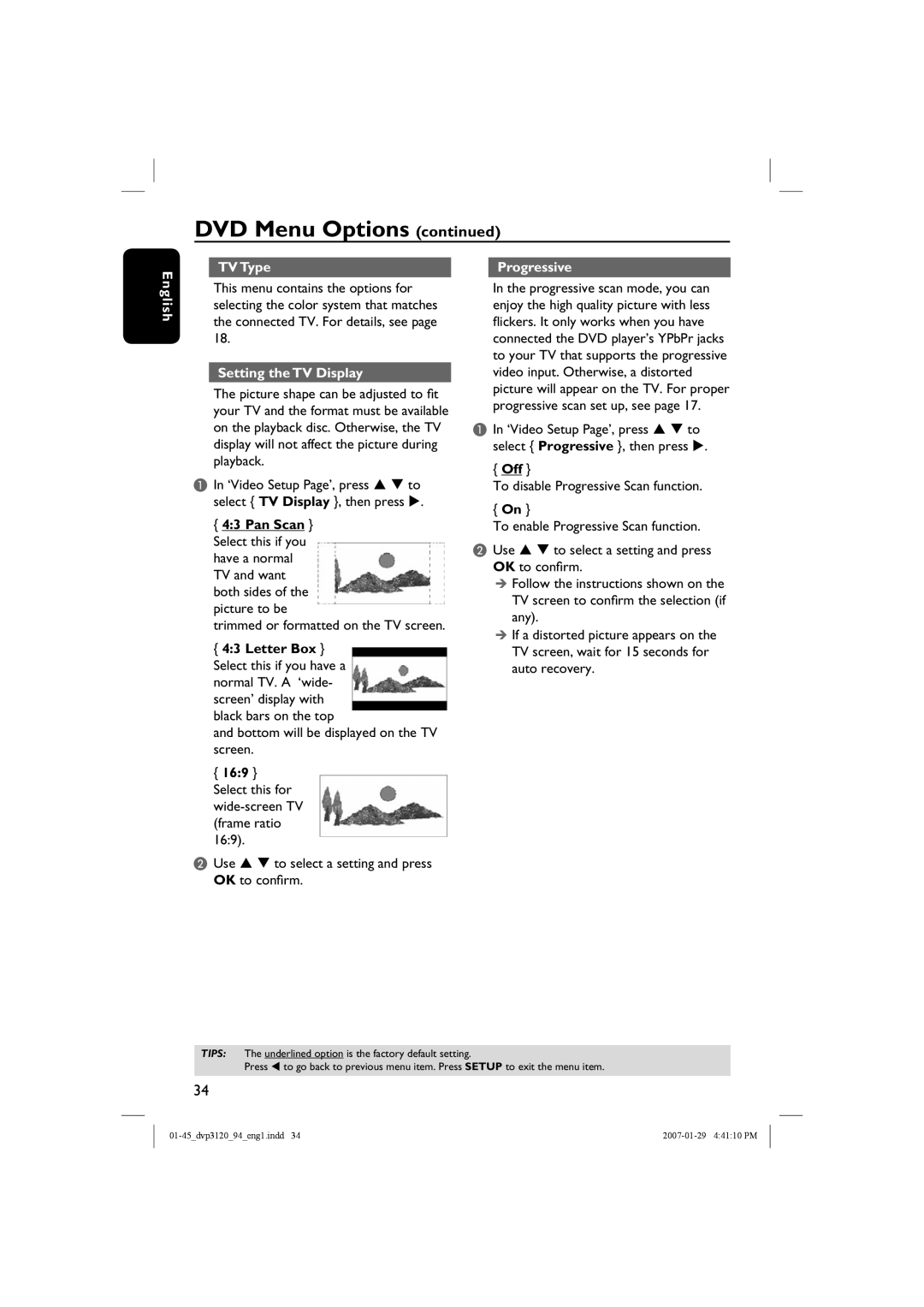 Philips DVP3721 English TV Type, Setting the TV Display, Trimmed or formatted on the TV screen, Letter Box, Progressive 