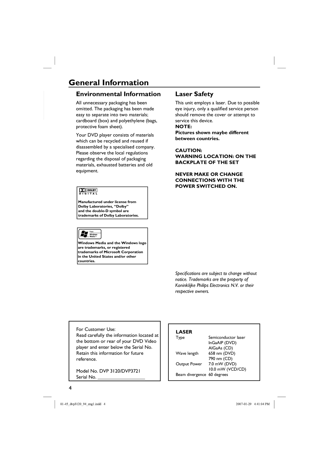 Philips DVP3721X General Information, English, For Customer Use, Retain this information for future reference 