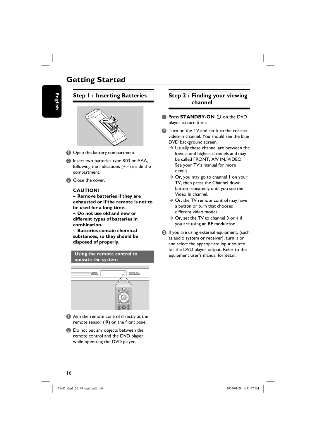 Philips DVP3721X/94 user manual Getting Started, Inserting Batteries, Finding your viewing channel, English 
