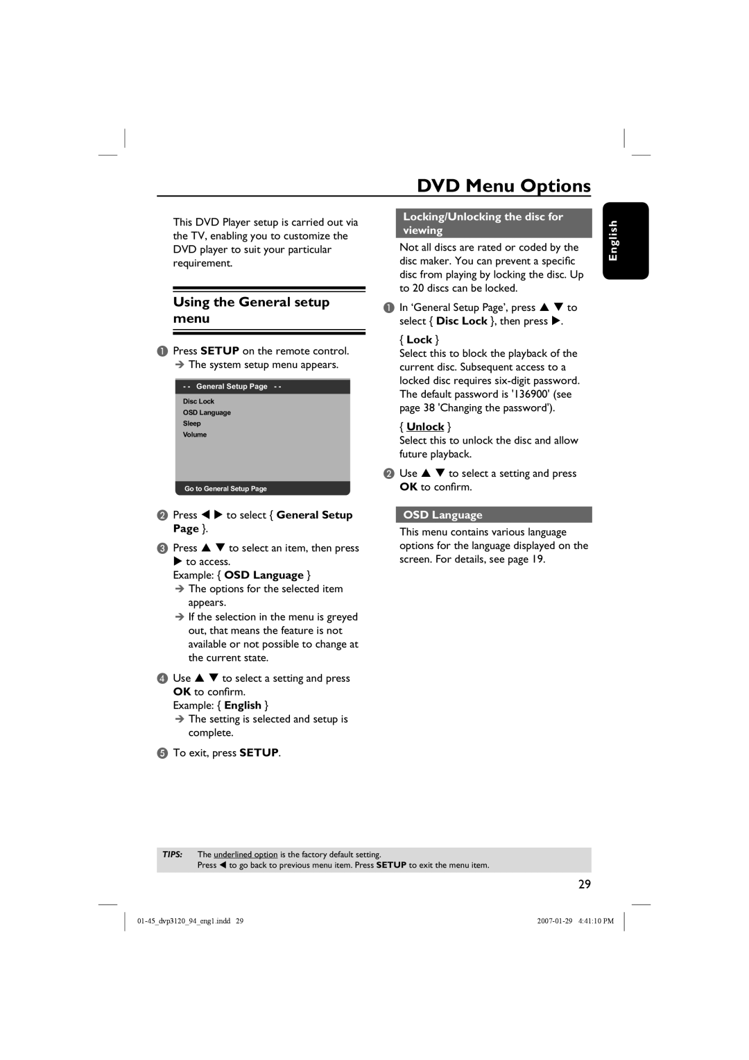 Philips DVP3721X/94 user manual DVD Menu Options, Using the General setup menu, Example OSD Language, Lock, Unlock, English 