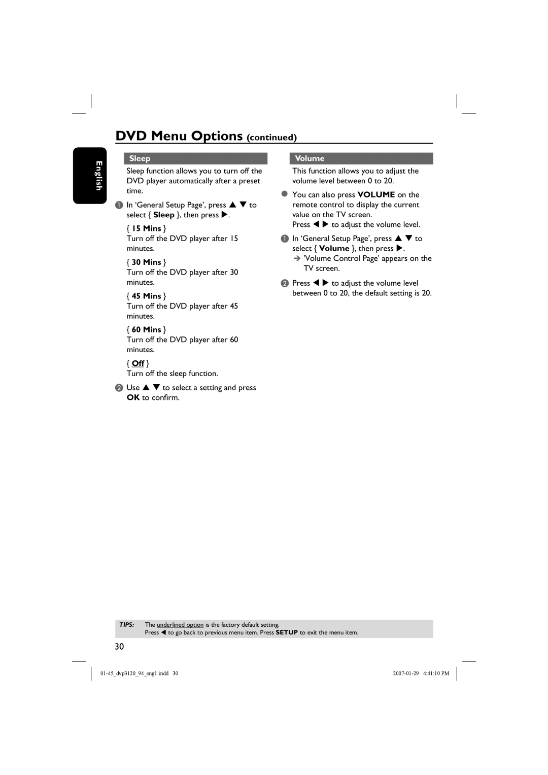 Philips DVP3721X/94 user manual DVD Menu Options continued, Sleep, Volume, Mins, English 