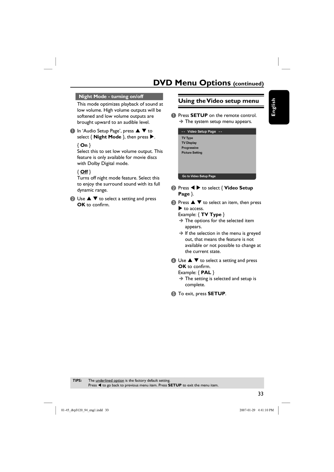 Philips DVP3721X/94 Using the Video setup menu, Night Mode - turning on/off, DVD Menu Options continued, English 