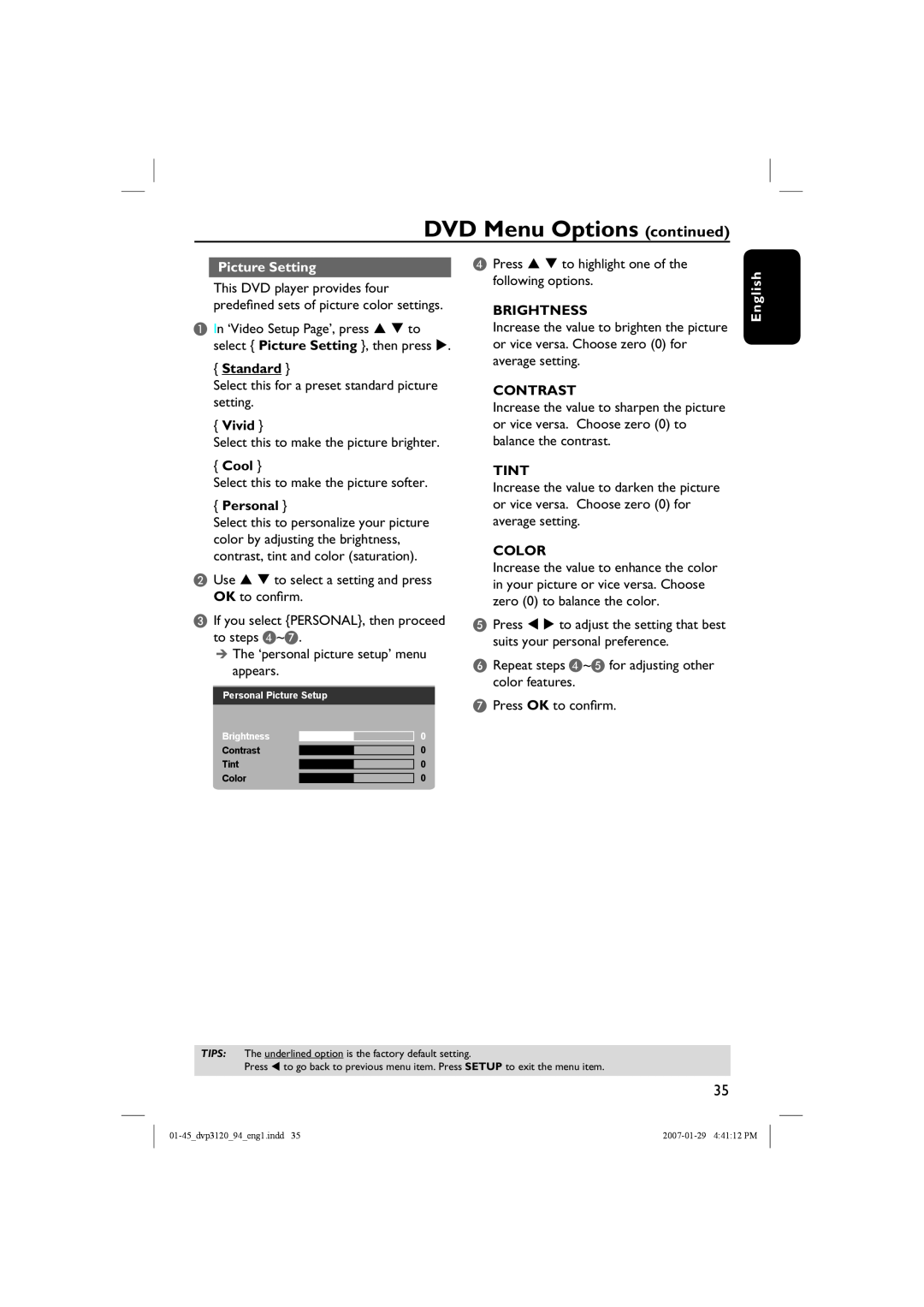 Philips DVP3721X/94 Picture Setting, Standard, Vivid, Cool, Personal, Brightness, Contrast, Tint, Color, English 
