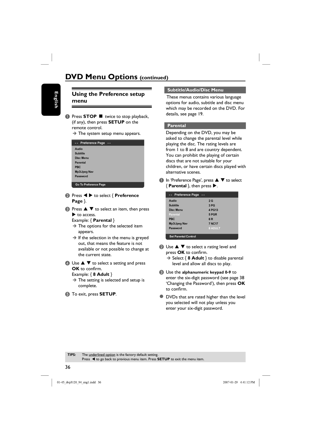 Philips DVP3721X Using the Preference setup menu, Subtitle/Audio/Disc Menu, Parental, DVD Menu Options continued, English 