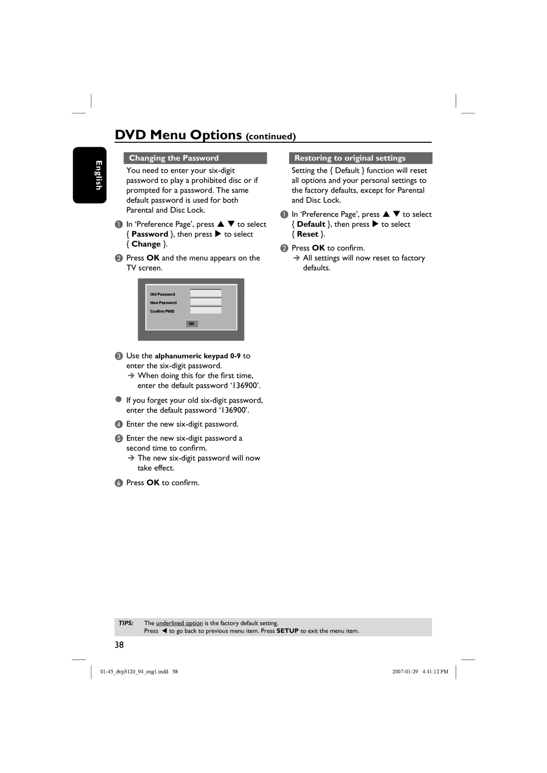 Philips DVP3721X/94 Changing the Password, Change, Restoring to original settings, Reset, DVD Menu Options continued 