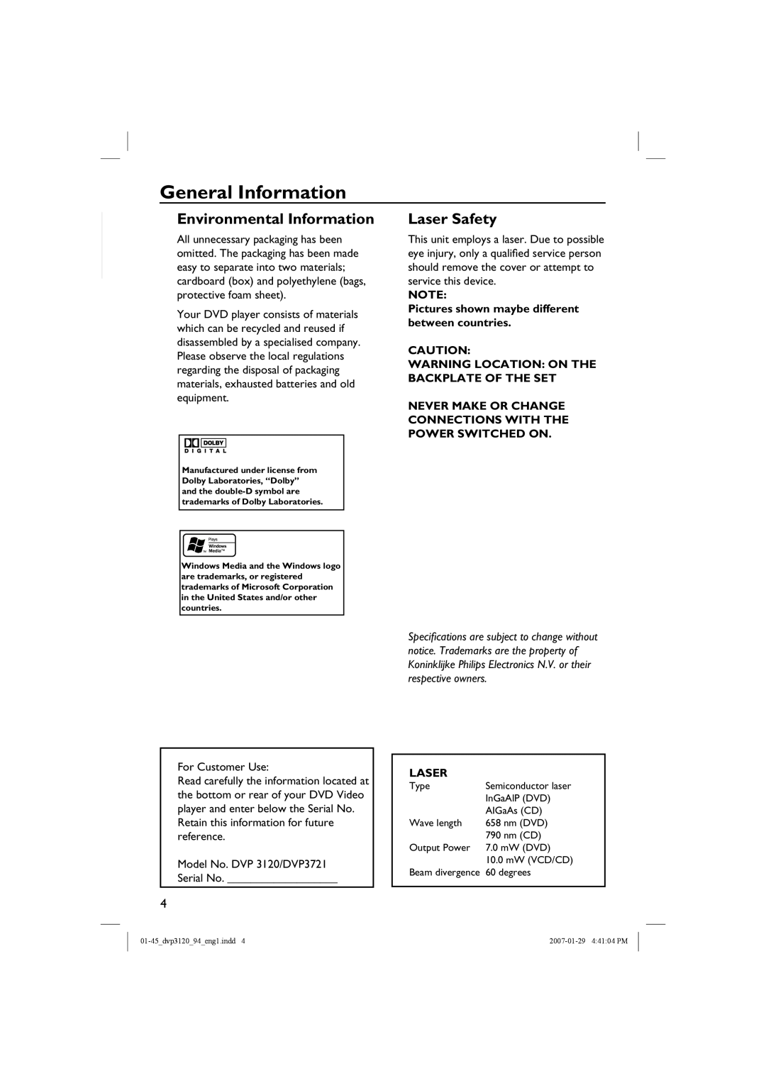 Philips DVP3721X/94 user manual General Information, Environmental Information, Laser Safety, English 
