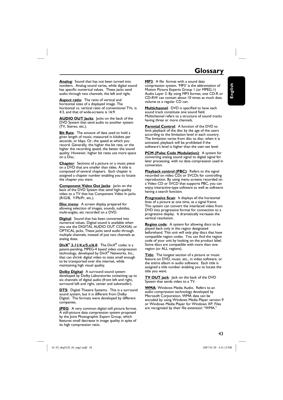 Philips DVP3721X/94 user manual Glossary, English 