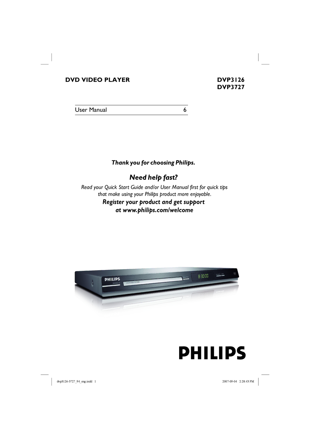 Philips DVP3727X/94 quick start DVD Videoplayer 